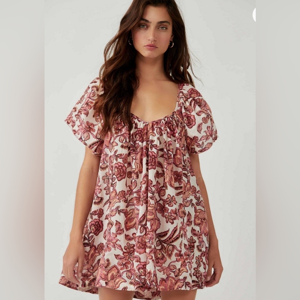 Free People Pinkish/Maroon and White Floral Tunic Blouse